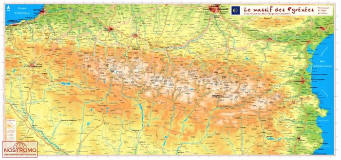 LE MASSIF DES PYRÉNÉES ET LES CHEMINS VERS ST-JACQUES | Georelief relief map