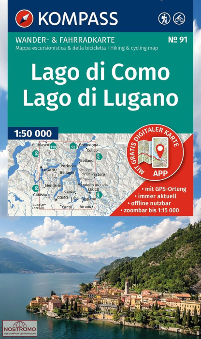 91 LAGO DI COMO - LAGO DI LUGANO | carte de randonnée Kompass