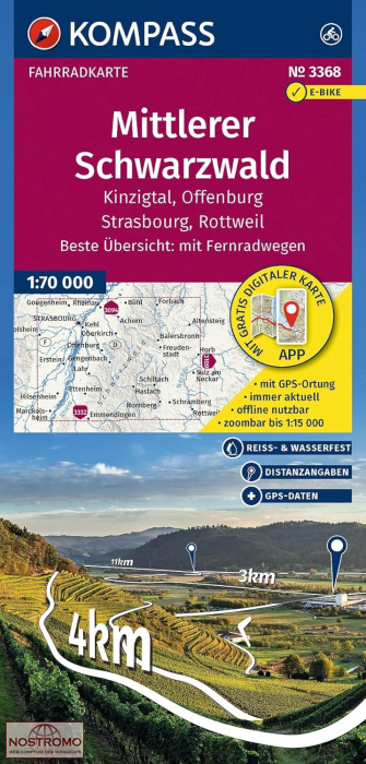 3368 MITTLERER SCHWARZWALD | carte de cyclotourisme Kompass
