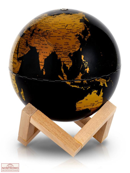 GLOBE NOIR ET OR LUMINEUX SUPPORT BOIS