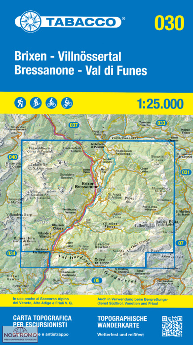 030 BRIXEN – VILLNÖSSERTAL | carte de randonnée Tabacco