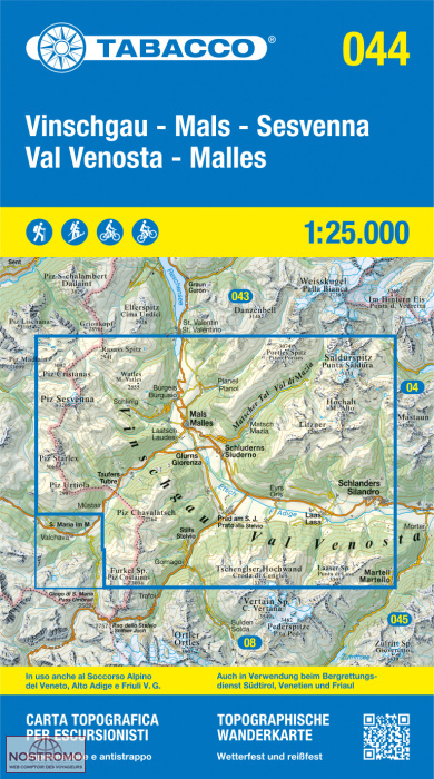 044 VINSCHGAU – MALS – SESVENNA | carte de randonnée Tabacco