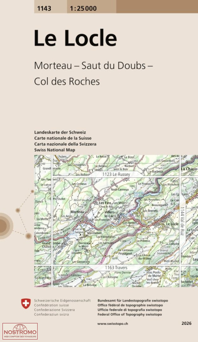 1143 LE LOCLE - MORTEAU - SAUT DU DOUBS - COL DE ROCHES | carte topographique Swisstopo