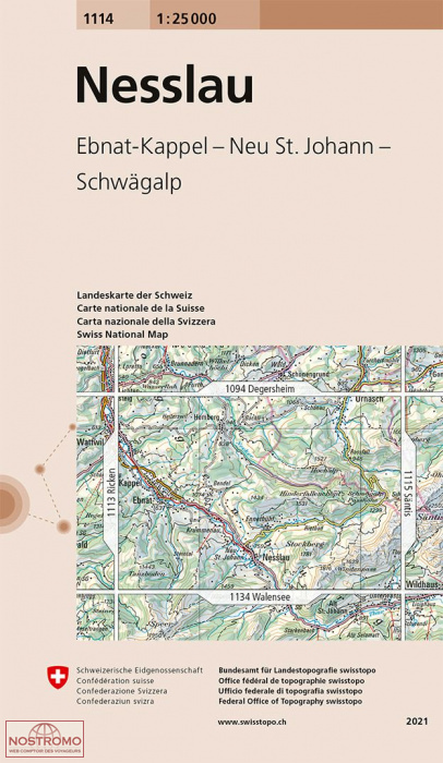 1114 NESSLAU - EBNAT-KAPPEL - NEU ST. JOHANN - SCHWÄGALP | carte topographique Swisstopo