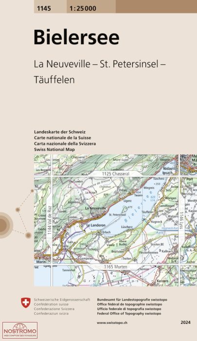 1145 BIELERSEE - LA NEUVEVILLE - ST. PETERSINSEL - TÄUFFELEN | carte topographique Swisstopo