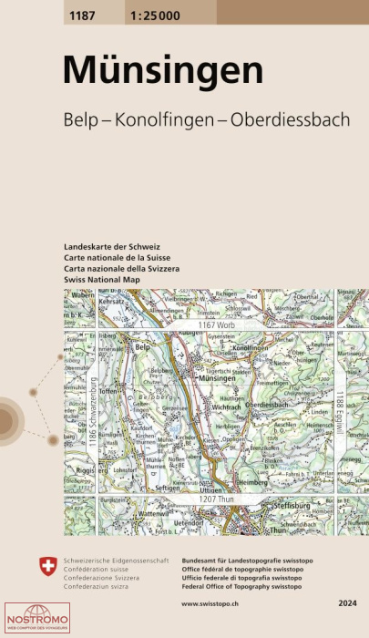 1187 MÜNSINGEN - BELP - KONOLFINGEN - OBERDIESSBACH | carte topographique Swisstopo