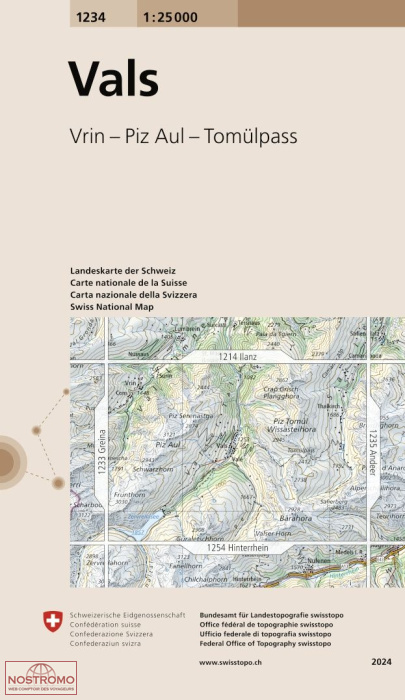 1234 VALS - VRIN - PIZ AUL - TOMÜLPASS | carte topographique Swisstopo