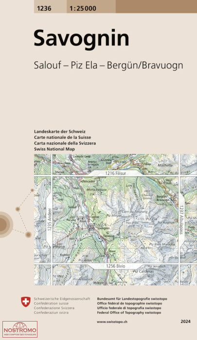 1236 SAVOGNIN - SALOUF - PIZ ELA - BERGÜN/BRAVUOGN | carte topographique Swisstopo
