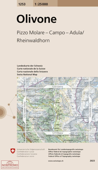 1253 OLIVONE - PIZZO MOLARE - CAMPO - ADULA/RHEINWALDHORN | carte topographique Swisstopo