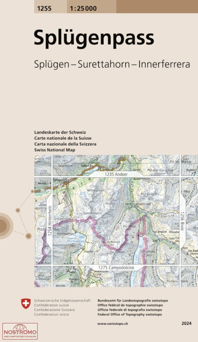 1255 SPLÜGENPASS - SPLÜGEN - SURETTAHORN - INNERFERRERA | carte topographique Swisstopo
