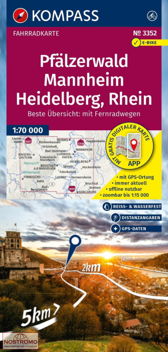3352 PFÄLZERWALD - MANNHEIM - HEIDELBERG, RHEIN | carte de cyclotourisme Kompass