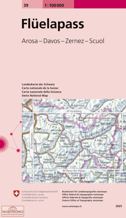 39 FLÜELAPASS - AROSA - DAVOS - ZERNEZ - SCUOL | carte topographique Swisstopo