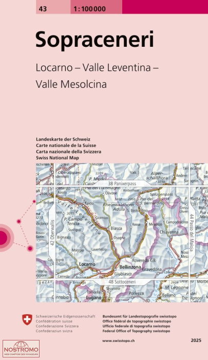 43 SOPRA CENERI - LOCARNO - VALLE LEVENTINA - VALLE MESOLCINA | carte topographique Swisstopo