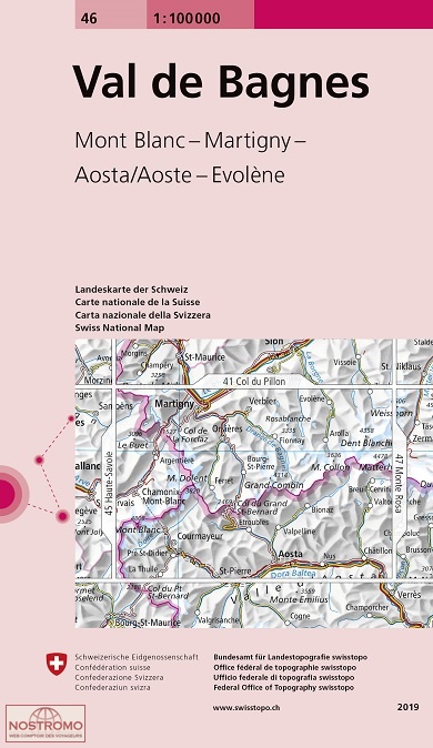 46 VAL DE BAGNES - MONT BLANC - MARTIGNY - AOSTA/AOSTE - EVOLÈNE | carte topographique Swisstopo