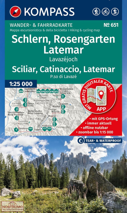 651 SCHLERN - ROSENGARTEN - LATEMAR | carte de randonnée Kompass