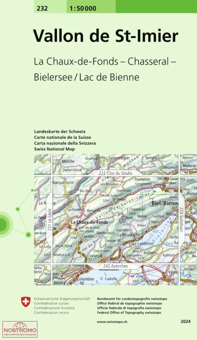 232 VALLON DE ST-IMIER - LA CHAUX-DE-FONDS - CHASSERAL - BIELERSEE/LAC DE BIENNE | Swisstopo topographic map