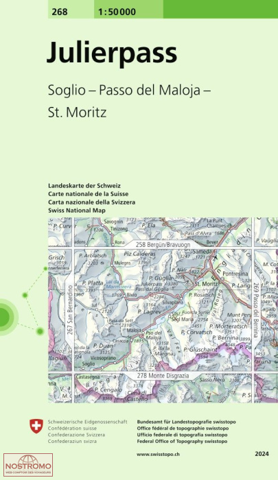 268 JULIERPASS - SOGLIO - PASSO DEL MALOJA - ST. MORITZ | carte topographique Swisstopo