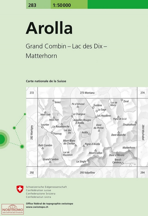 283 AROLLA - GRAND COMBIN - LAC DES DIX - MATTERHORN | carte topographique Swisstopo