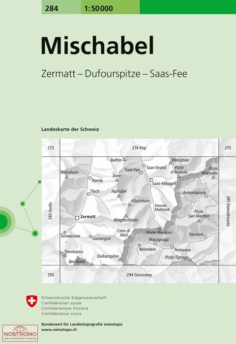 284 MISCHABEL - ZERMATT - DUFOURSPITZE - SAAS-FEE | carte topographique Swisstopo