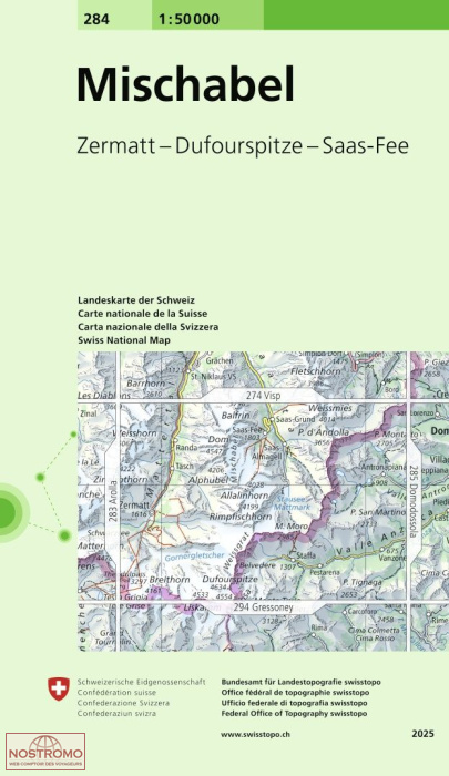 284 MISCHABEL - ZERMATT - DUFOURSPITZE - SAAS-FEE | carte topographique Swisstopo