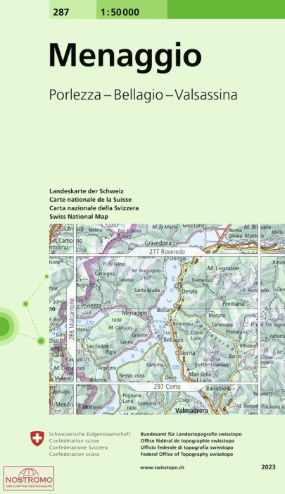 287 MENAGGIO - PORLEZZA - BELLAGIO - VALSASSINA | carte topographique Swisstopo