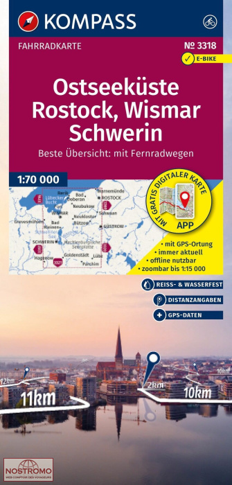 3318 OSTSEEKÜSTE - ROSTOCK - WISMAR - SCHWERIN | carte de cyclotourisme Kompass