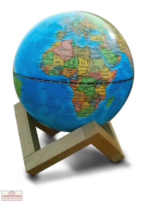 GLOBE BLEU LUMINEUX + SUPPORT EN BOIS